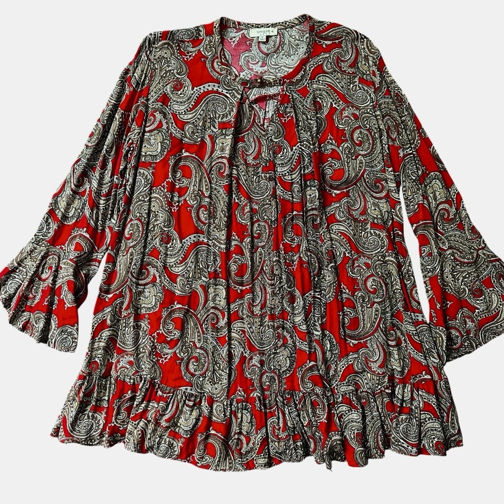 Umgee Mini Dress Women's Extra Large Paisley Red Bell Sleeve Boho Festival Pleat